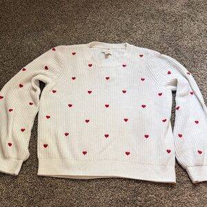 Lucky White Sweater with Red Heart Pattern